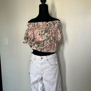 NWT Express Pink Olive and Gold Floral Off the Shoulder Shirt